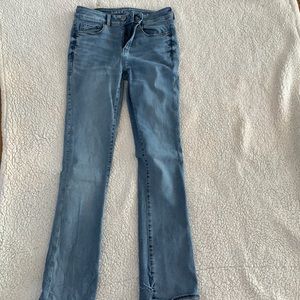 American eagle jeans. They are cut on the bottoms of the legs. I love them